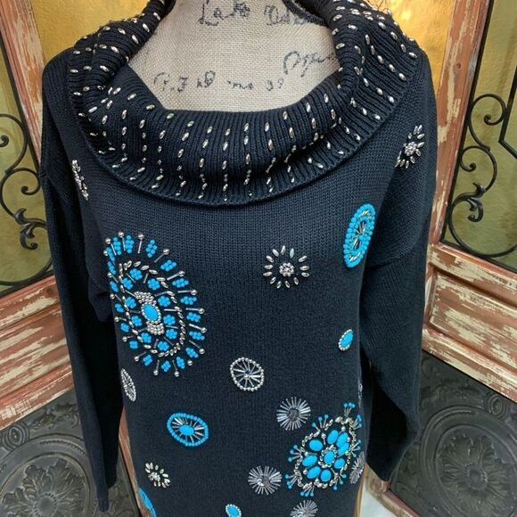 Victoria Jones Vintage Embellished Turquoise Beaded Tunic Sweater - Picture 2 of 12